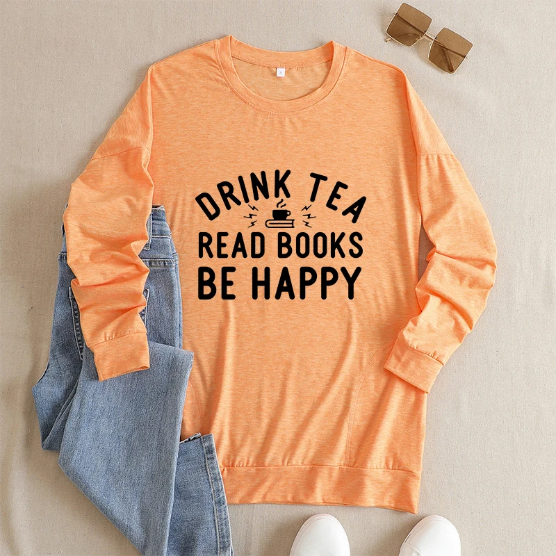 Tea reading happy mother T-shirt long sleeves love book people love wine reading women casual top