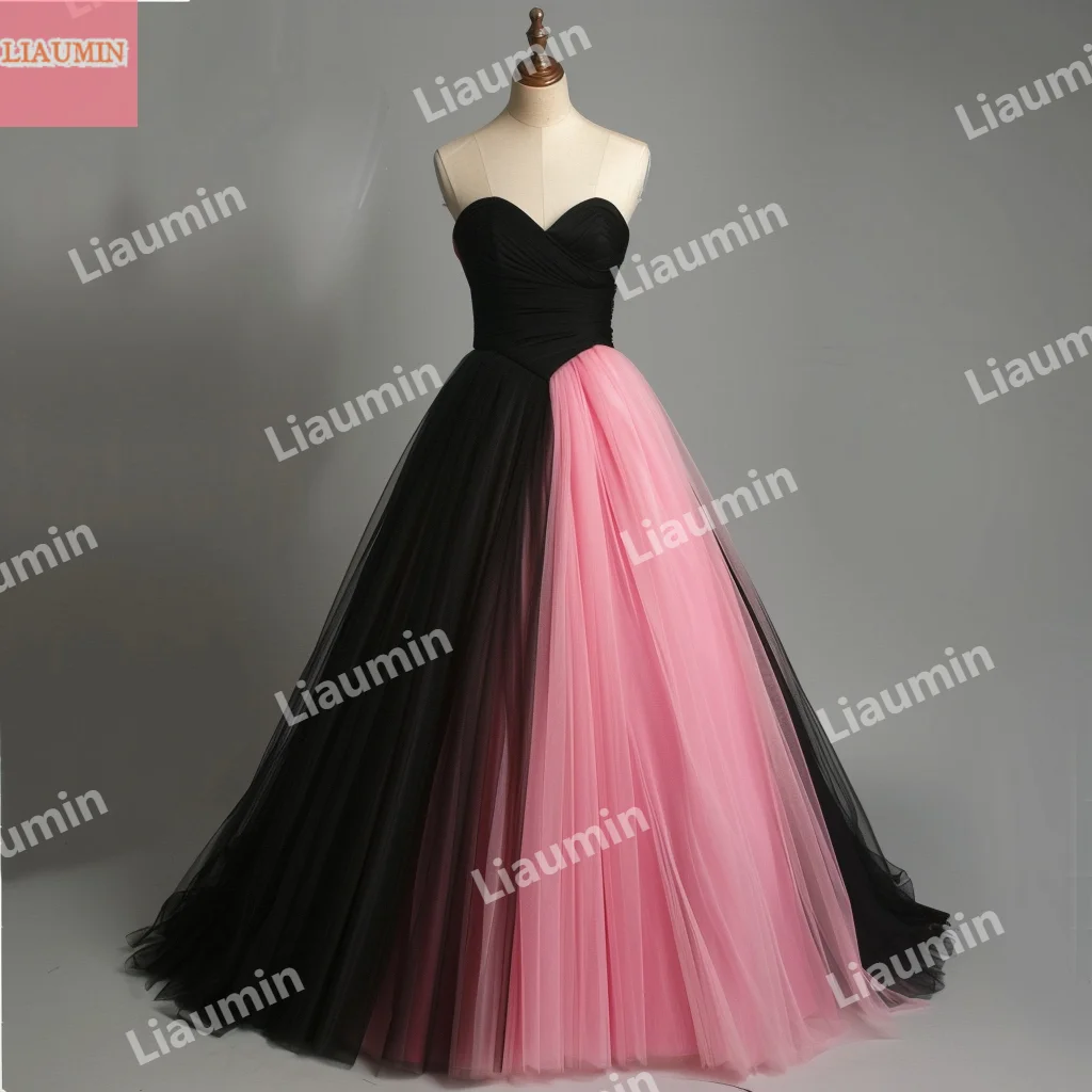 Custom Pink Tulle And Black Pleat Lace Up Back sleeveless Prom Dress Floor Length Strapless Evening Formal Clothing W15-48.18