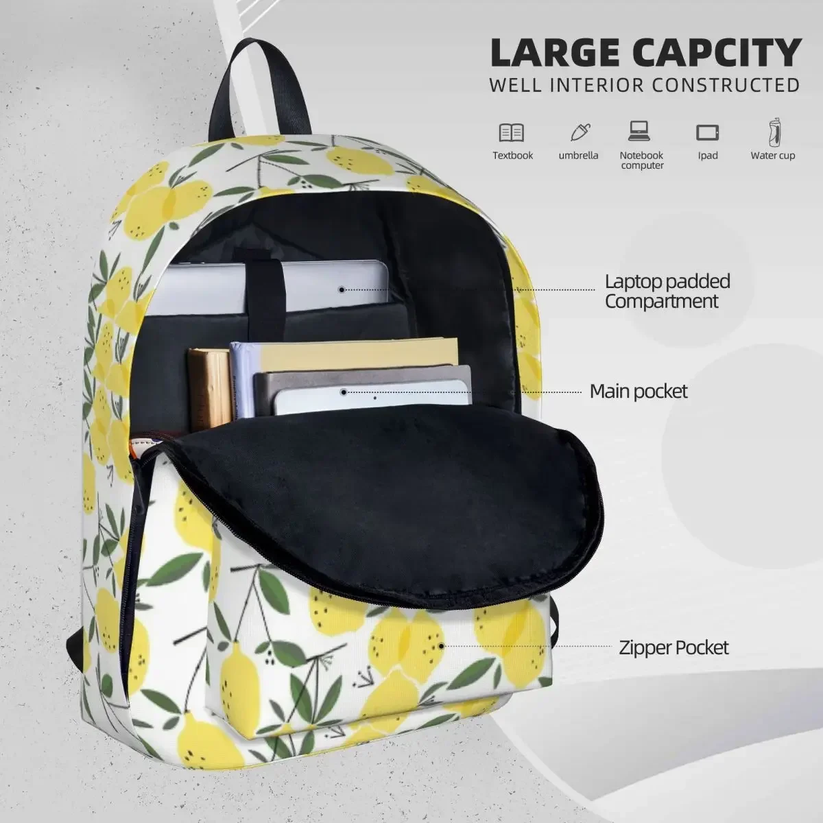 Lemon Print Backpacks Large Capacity Student Book bag Shoulder Bag Laptop Rucksack Casual Travel Rucksack Children School Bag