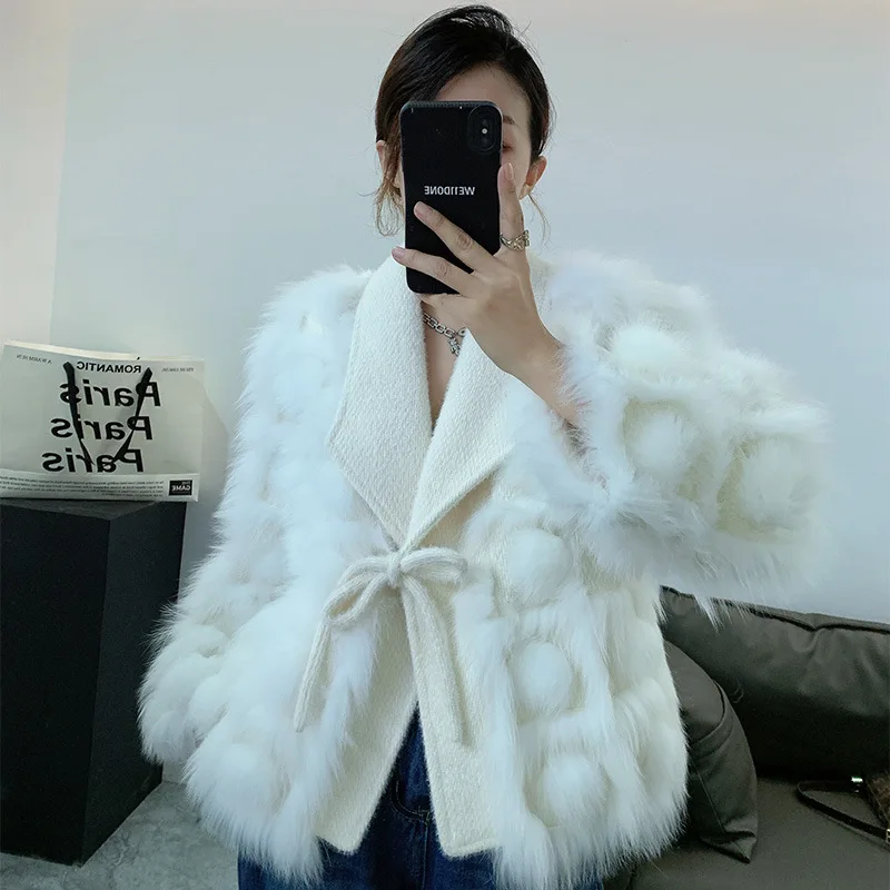 2024 New Real fur,New Sweety Korean Style Women Natural Fox Fur Knitted Cardigan Outerwear With Drawstring Brand Design Turn Dow