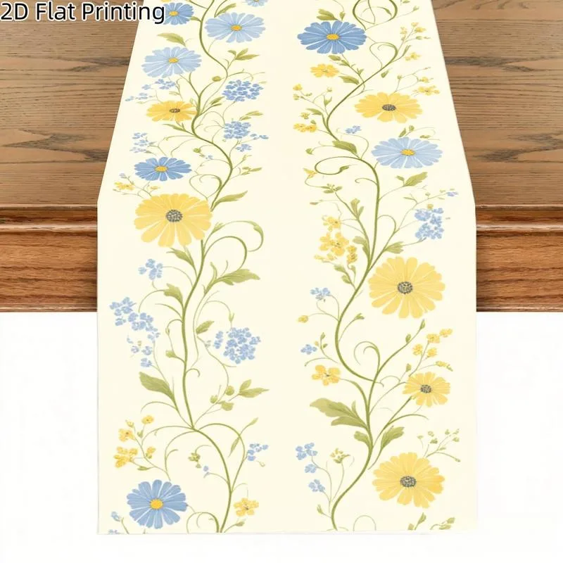 Pastoral Style Daisy and Blue Flower Pattern Table Runner, Fresh Floral Design Long Tablecloth, Dining Table Decoration Cloth, Home Banquet Party Table Decoration, Suitable for All Seasons, Spring, Summer, Autumn, Winter, Kitchen-Specific, Table Decoration, Machine Washable, Party Decoration, Themed Backdrop, Holiday Gift, Thanksgiving, Halloween, Christmas, Great Gift Item, Versatile and Durable