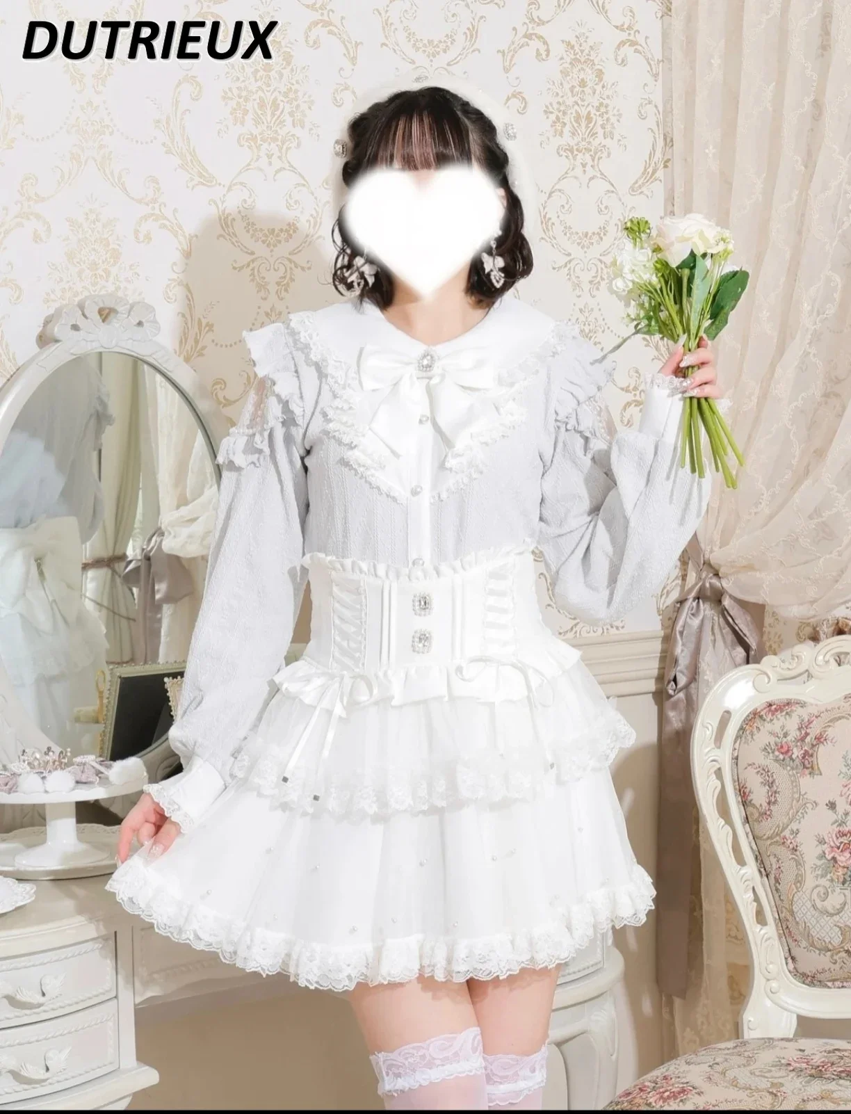 

Japanese Style Lolita Sweet Girl High Waist Short Skirt Back Big Bow Lace-up Bead Kawaii Layer Cake Shorts Mini Skirts