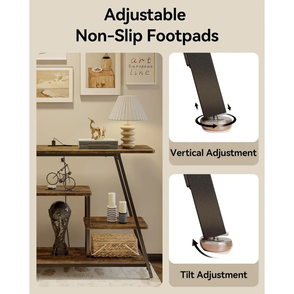 طاولة كونسول ذات 4 طبقات على الطراز الصناعي مع منافذ طاقة وتخزين للمدخل الضيق والأرائك الخلفية