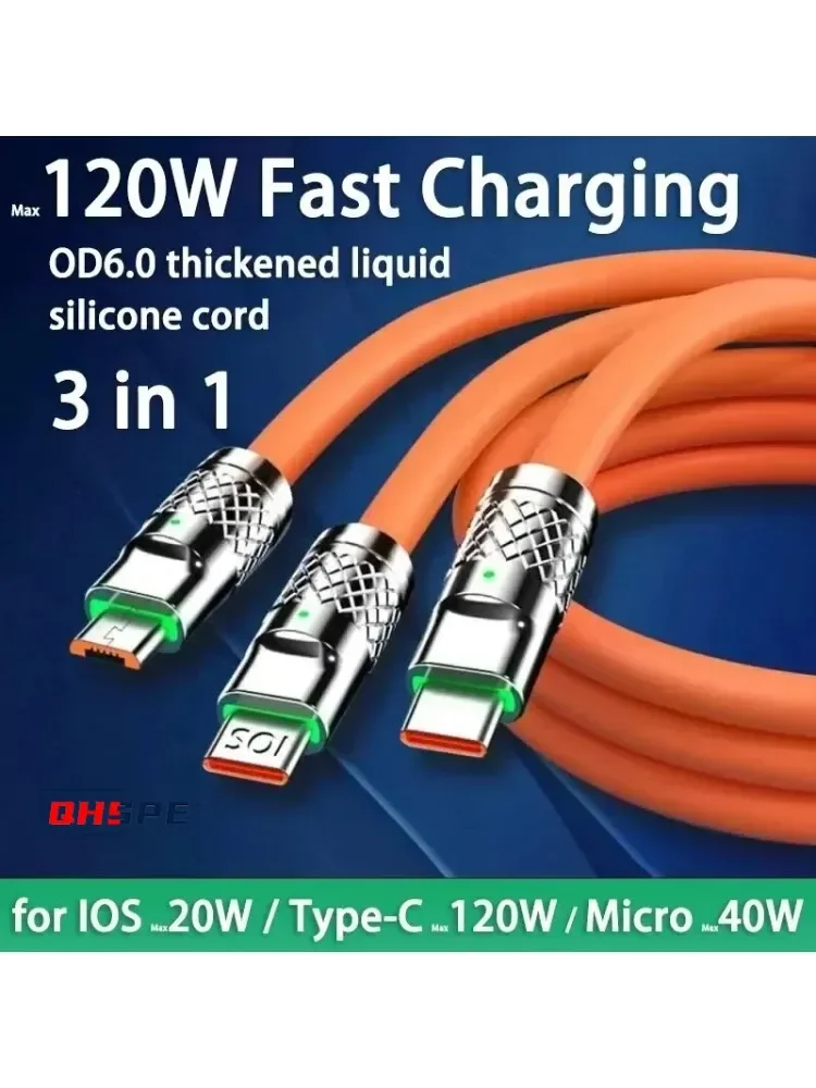 120W 6A Kabel do szybkiego ładowania typu C Micro3 w 1 Micro USB Kabel do ładowania iPhone'a Samsung Huawei Xiaomi Ładowarka do telefonu Kabel USB — 2
