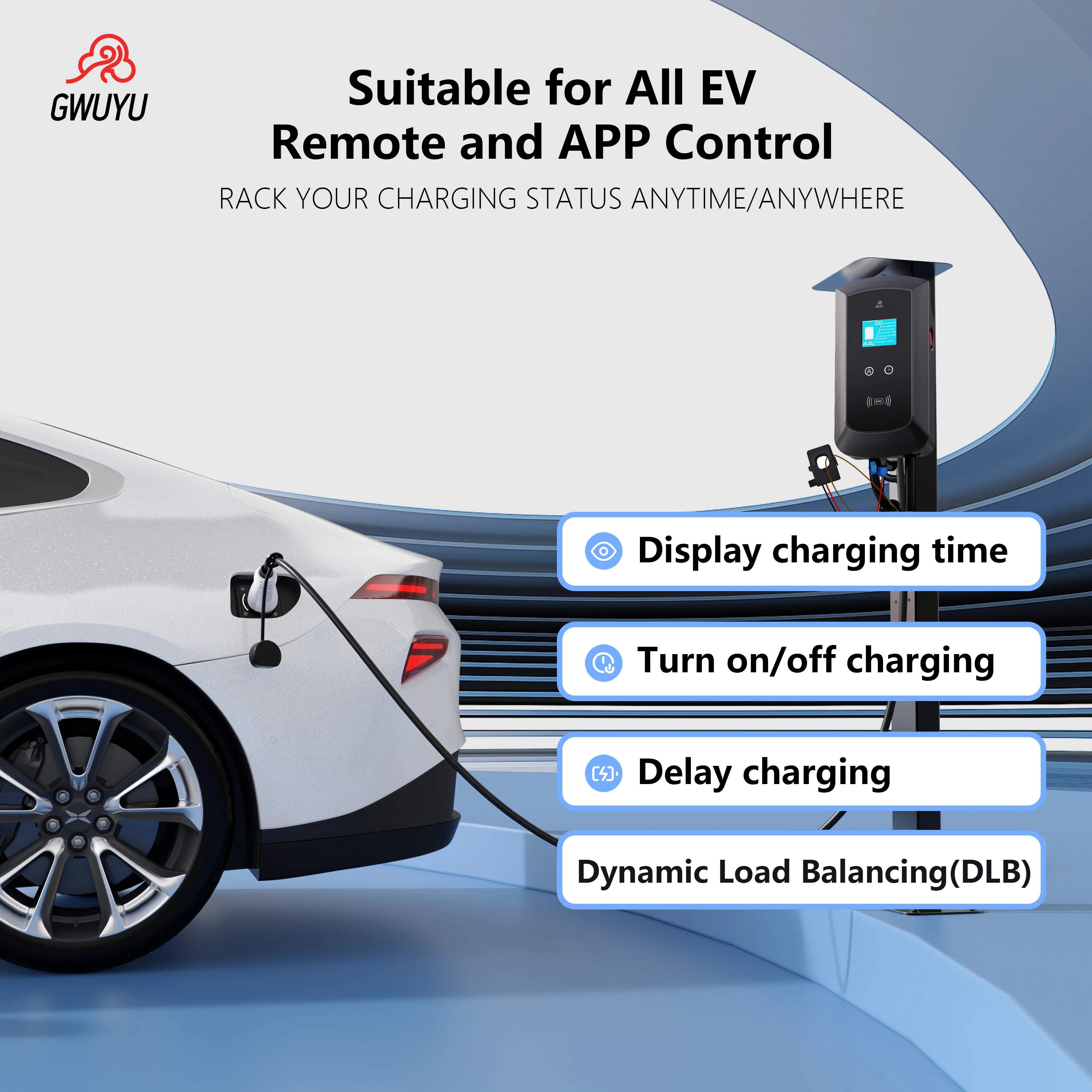 EV Charger 1Phase 7KW Type2 Cable Dynamic Load Balancing EVSE Wallbox Station with 2.8 Inch LCD Screen APP Control Charging