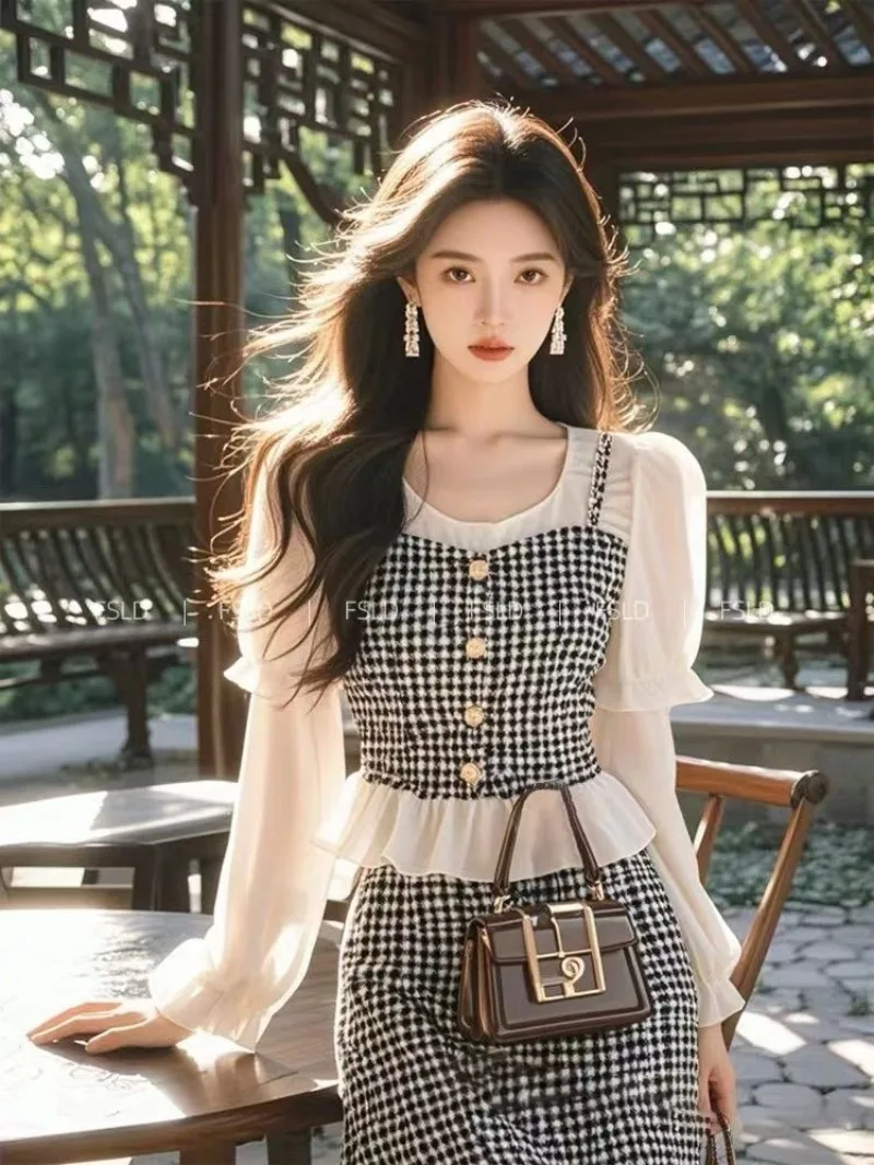 

Новый винтажный модный женский комплект из двух предметов, осенняя элегантная лоскутная рубашка с длинными рукавами, топ + клетчатая юбка, маленький ароматный костюм