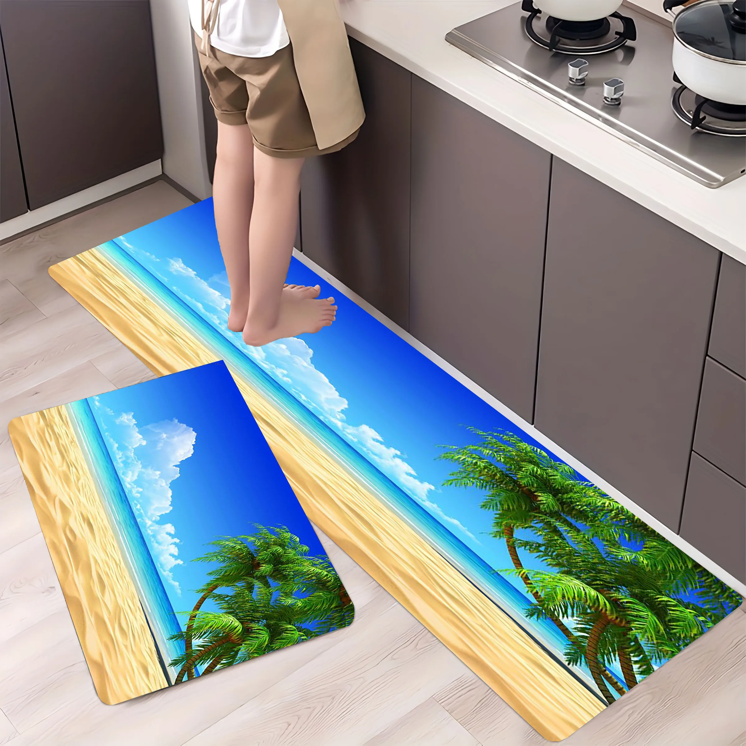 

Seaside Blue Sky Scenery Pattern Kitchen Carpet Bathroom Mat Non-silp Flannel Doormat for Home Decorative Accessories Floorpad