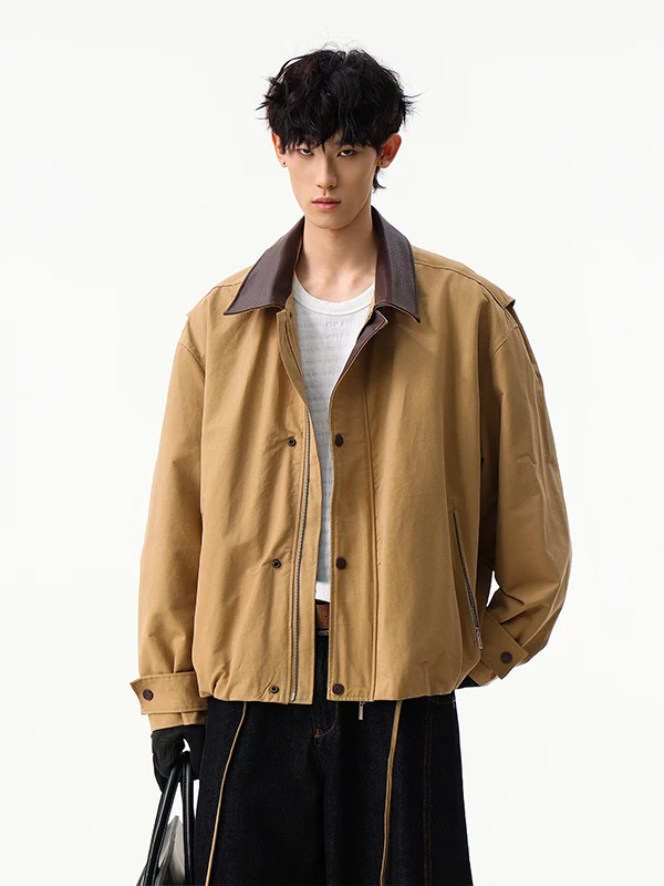 

Cleanfit ort Loose PU Leather Jaet for Men Barn Sle Vintage Collar Patchwork Workwear Outerwear Autumn Top