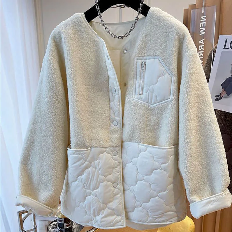 Fleece Jackets for Women Winter Thickened Patchwork Lambhair Oversized Cardigans Long Sleeved Casual Vintage Coats Women Tops