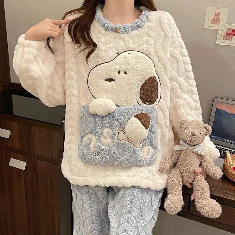 Snoopy Cartoon Kawaii Pajamas Women Autumn and Winter Flannel Plus Velvet Thickened Home Clothes Set Birthday Gift Wholesale