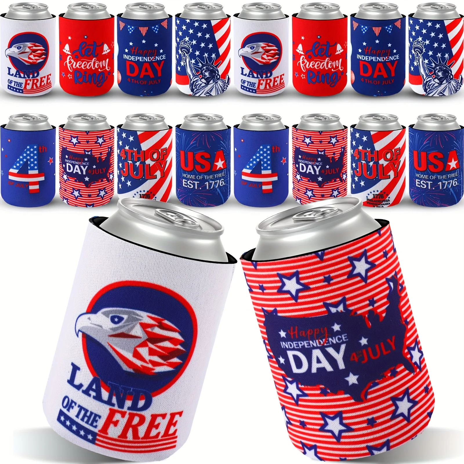 

48pcs 4th of July Can Cooler Sleeve, USA Flag Can Coolers Collapsible Memorial Day Independence Day Patriotic Can Sleeve for 12oz Can Bottles, Insulated, BBQ, 4th of July, Gifts, Events Party Packs