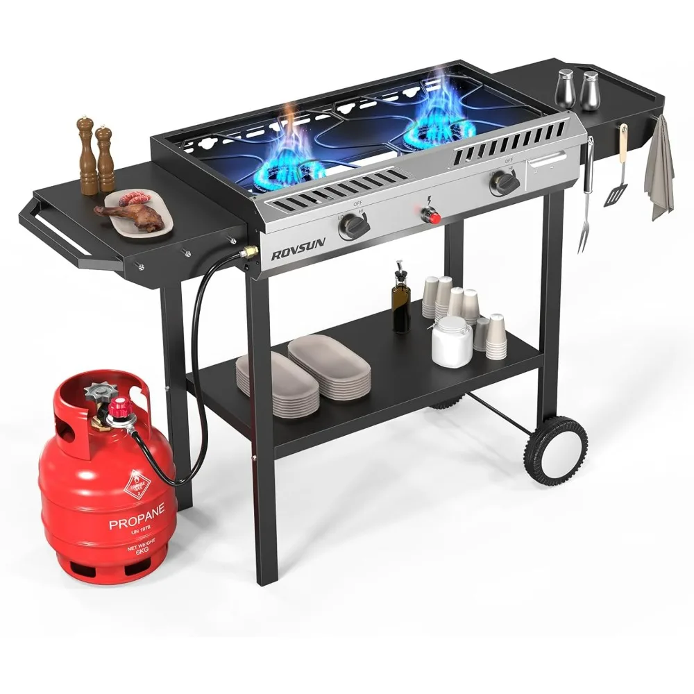 

2 Burner Outdoor Propane Gas Stove with Auto-ignition, Regulator & Shelf, 150,000 BTU Powerful Stand Cooker for Backyard Patio