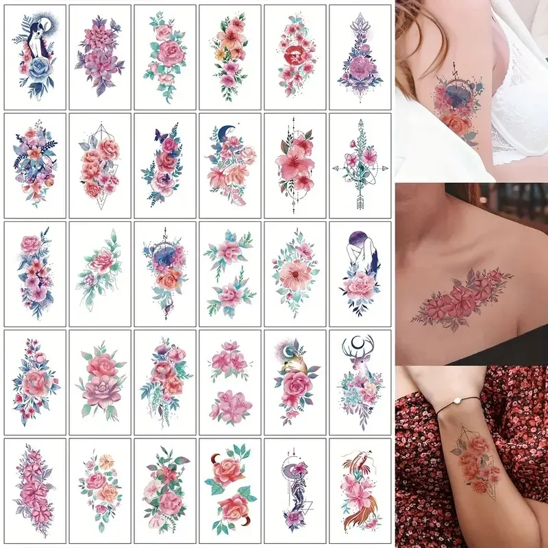 30pcs/set Fake Tattoos Stickers for Girls Women Female Body Art Back Neck Breasts Big Flowers Leaves Waterproof Temporary Tattoo