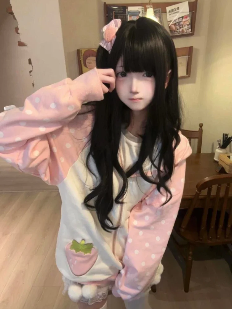 اليابانية Kawaii آذان أرنب هوديس فضفاض البولكا نقطة المرقعة المرأة الجرونج هودي Y2k الجمالية الجنية الفراولة البلوز #5