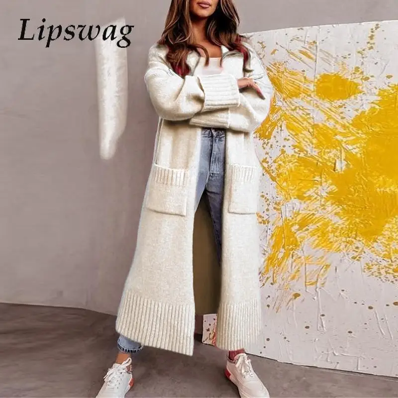 

Fall Women Jacket Office Winter Thickness Knitted Sweater Coats Solid Furry Elegant Big Pockets Long Sleeve Knit Long Cardigan