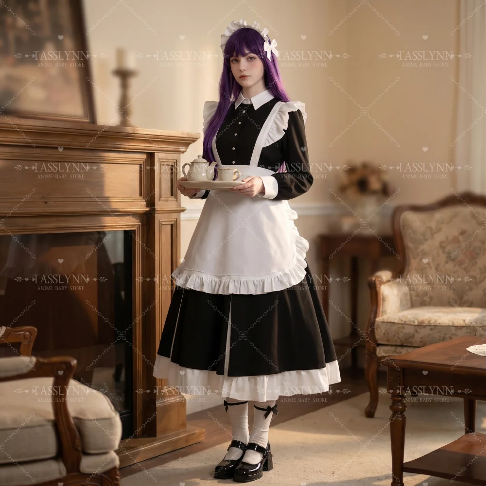 

Frieren Fern Maid Cosplay Set Classic Black White Long Maid Dress with Apron Anime Roleplay Costume for Halloween