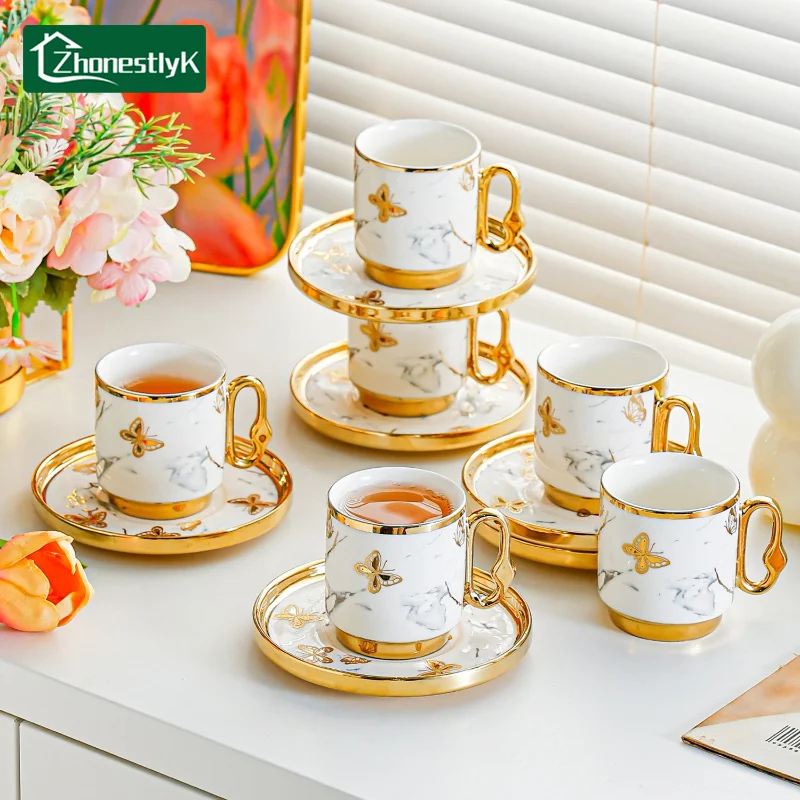 

Набор из 6 миниатюрных кофейных чашек в европейском стиле, керамические, с золотым ободком, для офиса и послеобеденного чая, домашняя посуда