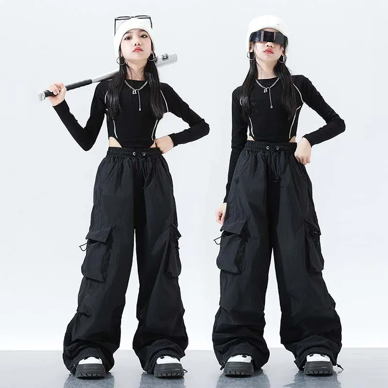 Costume de scène de danse jazz pour filles, vêtements de danse de rue, pantalon nombril noir, vêtements de danse hip-hop, vêtements de mode pour enfants, exposition en Y, K-pop