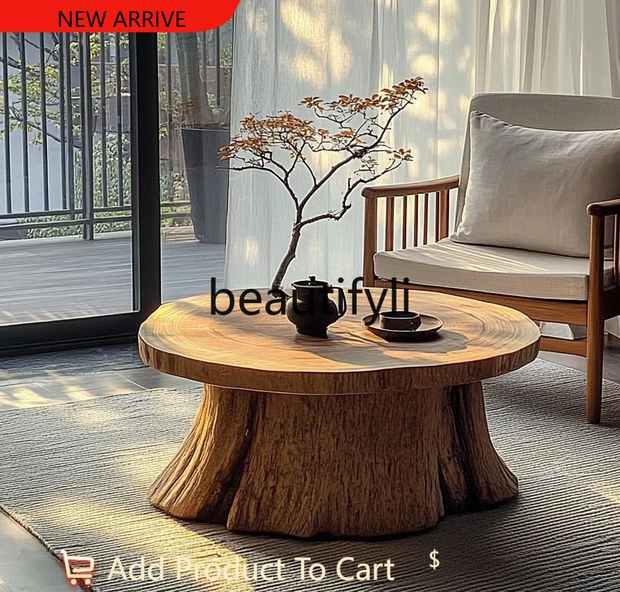 

Wabi Sandy Wind Solid Wood Small Round Coffee Table Homestay Medium and Ancient Log Tea Table Retro Old Wooden Pier G1218