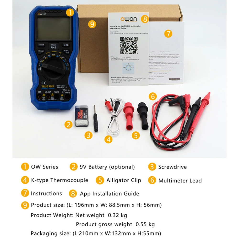 OWON OW18D OW18E 4 1/2 Digits Handheld Digital Multimeter True RMS Test 20000 Counts Flashlight Function Multimeters Digital