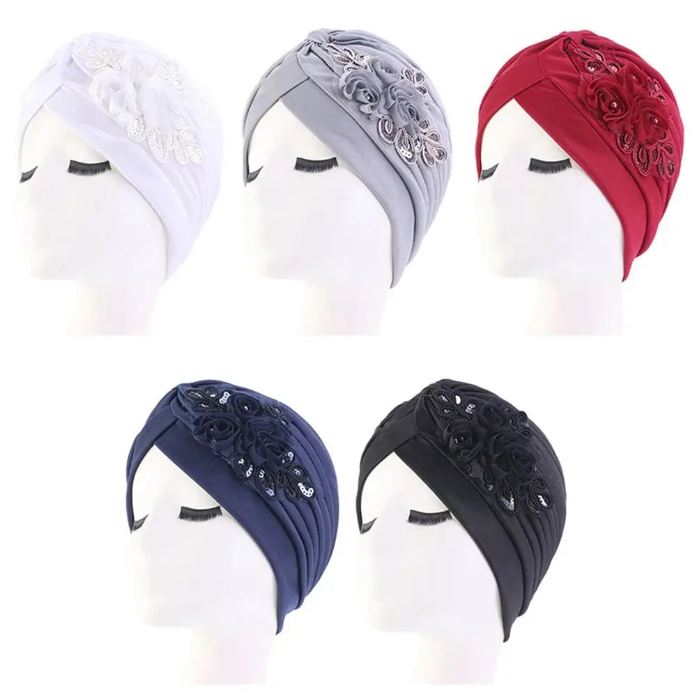 Ladies Sequin Flower Turban Hat Muslim Pleated Indian Inner Hijabs Sleep Cap Solid Color Head Wrap Women Bandana Headwear Boonet