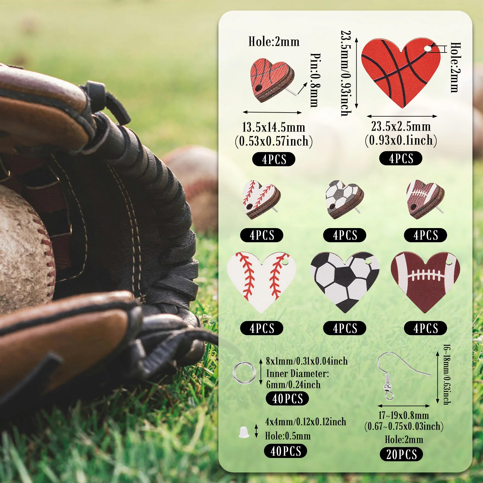 1 Box Sport Theme Wood Heart Earring Making Kit Baseball Football Basketball Wooden Stud Earrings for Women Jewelry Party Gifts