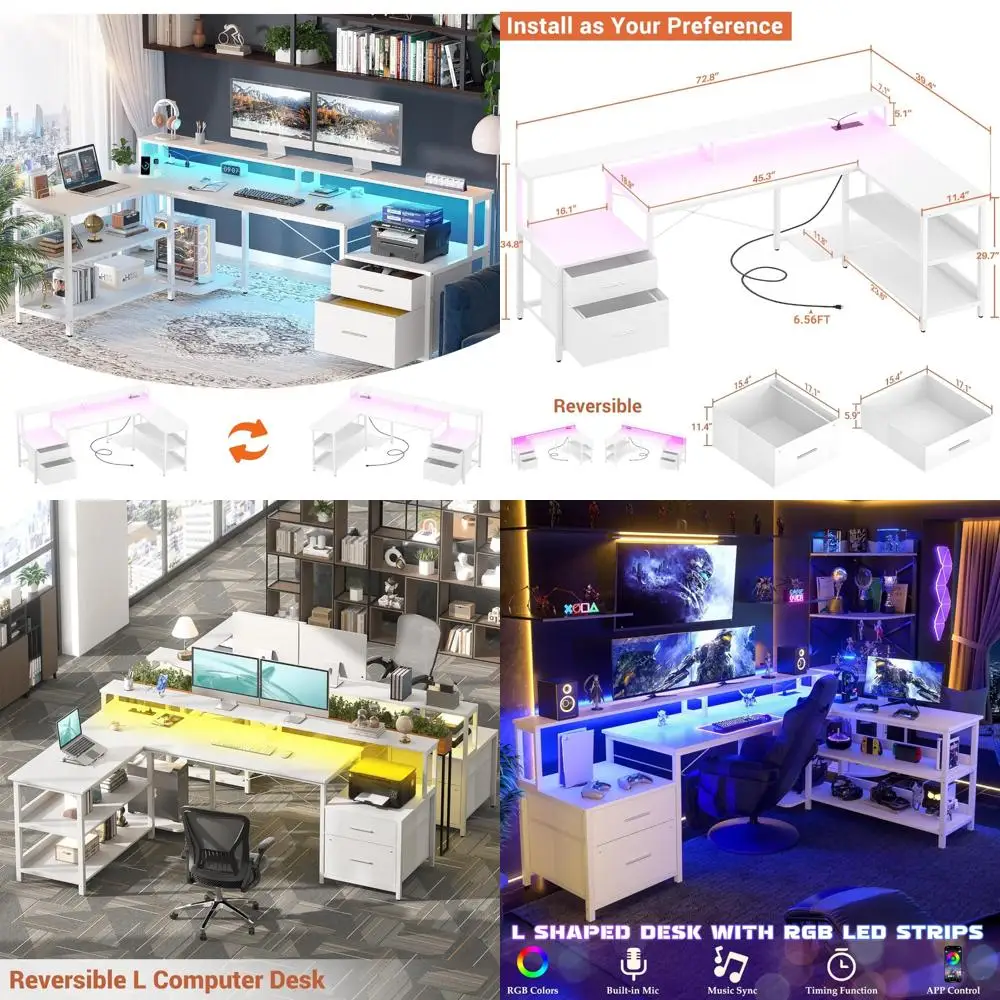 LED-lit Gaming Desk with Reversible L-Shape, Power Outlet, and Monitor Stand, featuring File Drawer for Enhanced Functionality