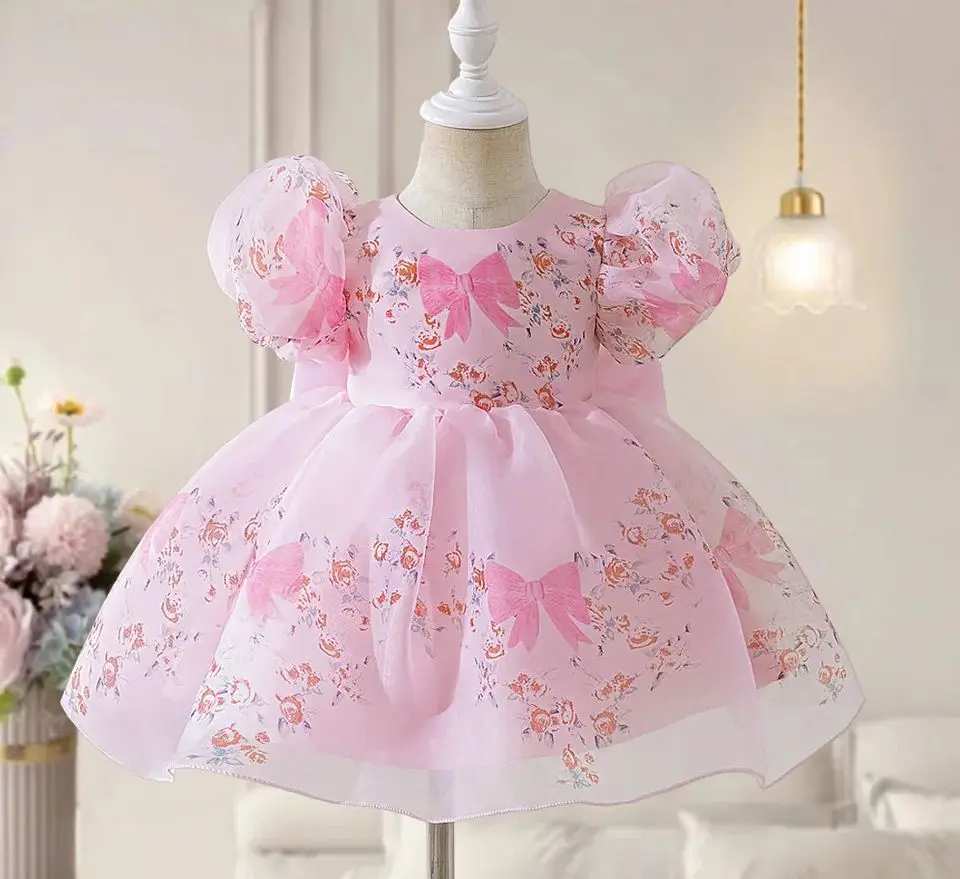 

Newborn Girl Print Princess Dress with Big Bow Baby Girls' Pink Dresses Kid 1st Birthday Clothing