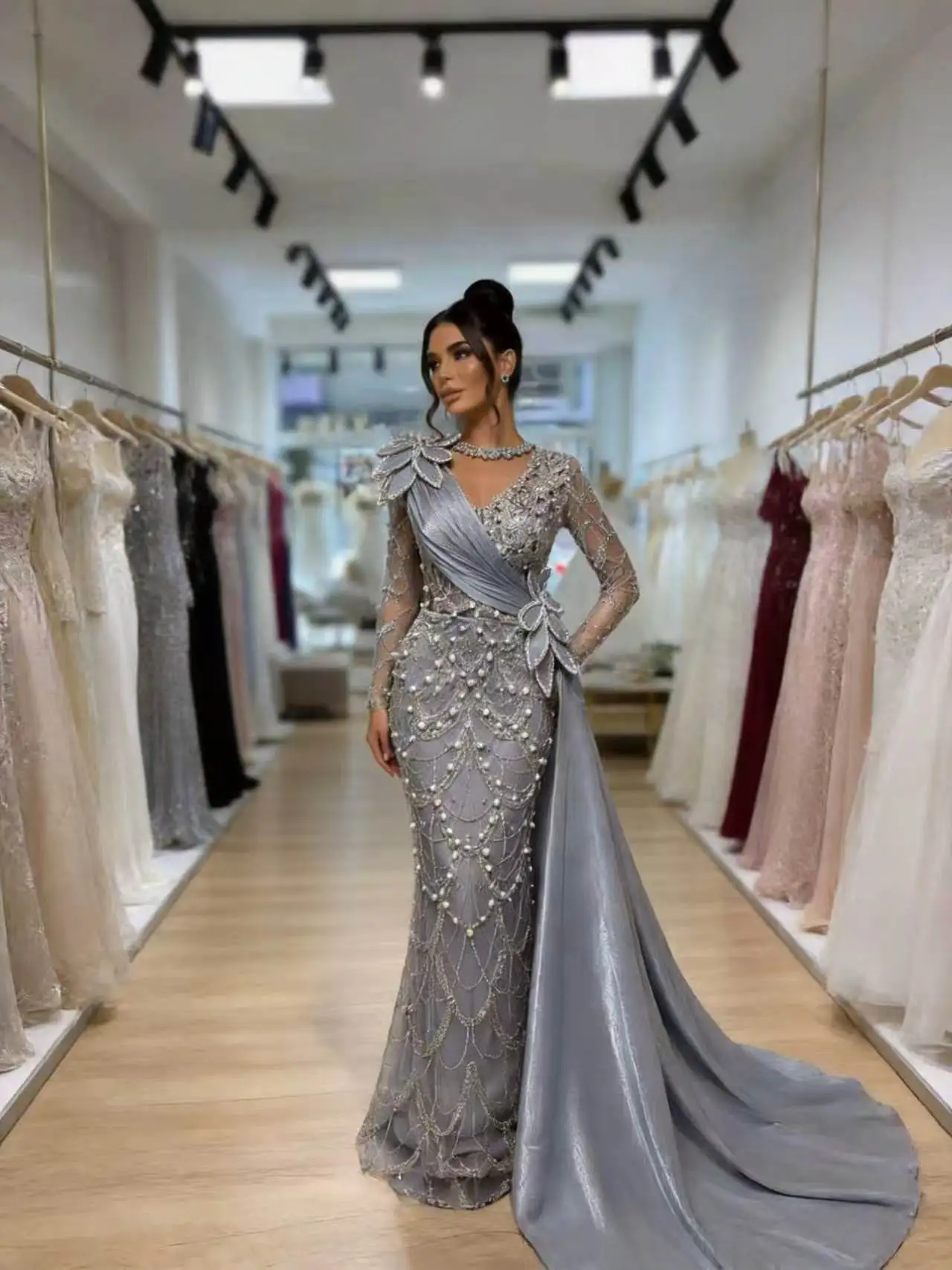 

Vintage Long Sleeves Evening Dresses With Pearls Crystals Prom Dresses Mermaid Wedding Party Dresses Robes De Soirée Customized