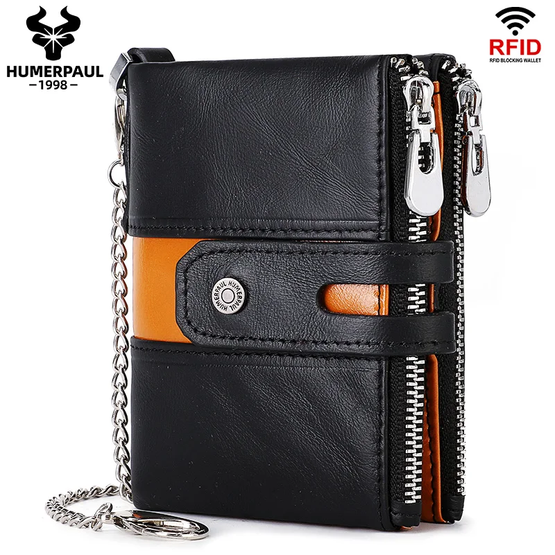 HUMERPAUL 100%Genuine Leather RFID Wallet For Men Original Senior Luxury Card Holder With Durable Zipper Coin Purse Anti-theft