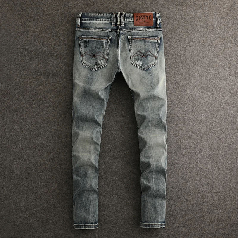 talian designer fashionable new men's jeans with elastic slim fit, washed blue vintage jeans, high-quality motorcycle pants
