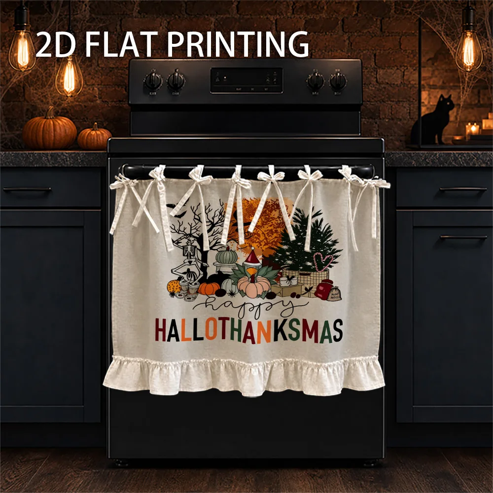 1PC kitchen stove curtain, cabinet curtain, apron. Featuring a 2D graphic print design with skull, pumpkin and Christmas tree gr