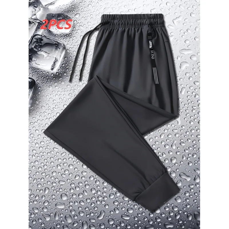 

2pcs New Summer Thin Ice Silk Pants Black and Gray Men's Ice Silk Fiber Joggers Man Gift Jogger Baggy Fishing Track Football Y2k