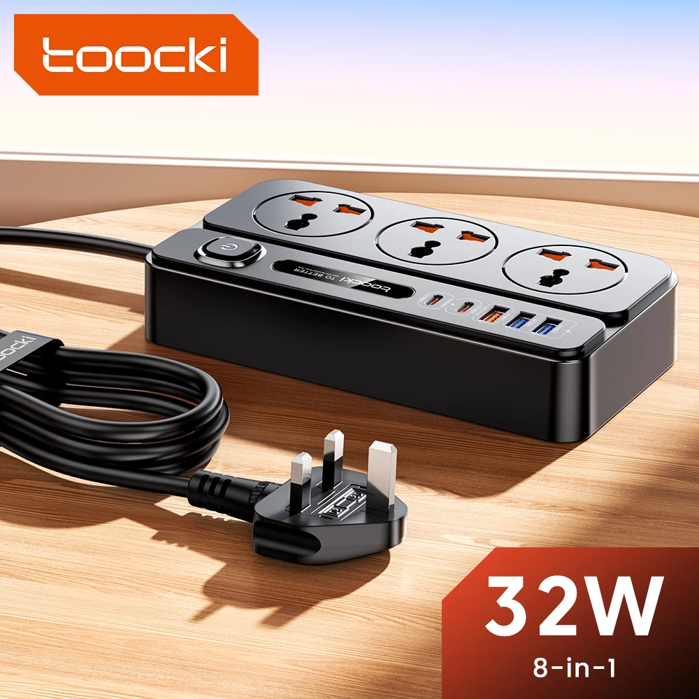 Toocki 8-in-1 32W GaN Power Strip 2500W Max Universal 3AC Outlet Socket Charger EU UK US Plug Adapter With 2M Extension Cable