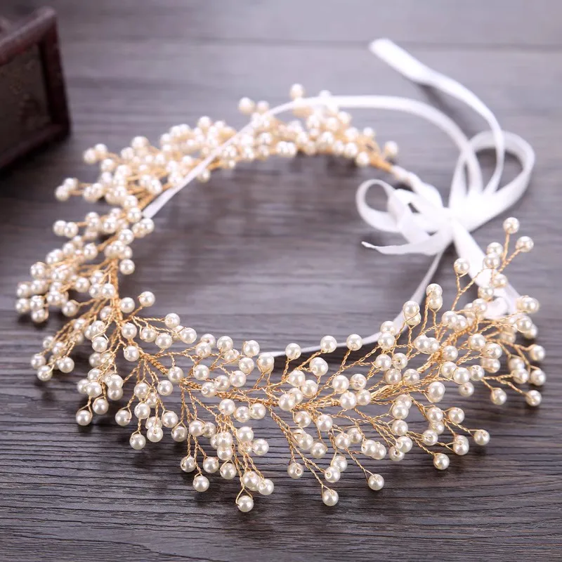 New Crystal Flower Headband Ribbon Bow Hairband for Bride Wedding Hair Accessories Pearl Head Flower Headbands Women Headwear