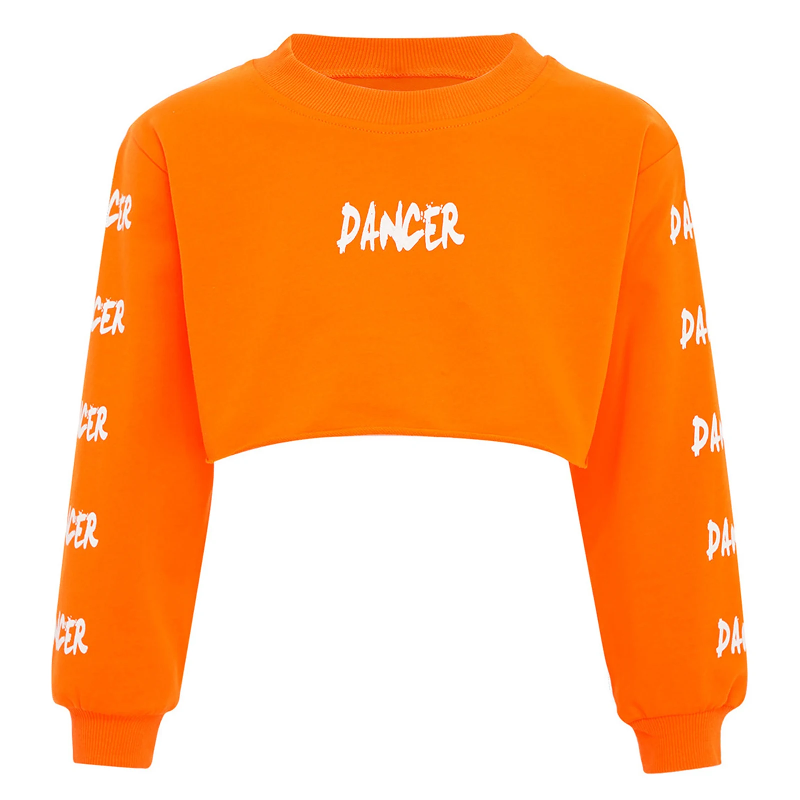 

Kids Girls Sweatshirt Hip-Hop Jazz Dance Top Spring Autumn Round Neck Long Sleeve Letter Printed Cropped Top for Skateboarding