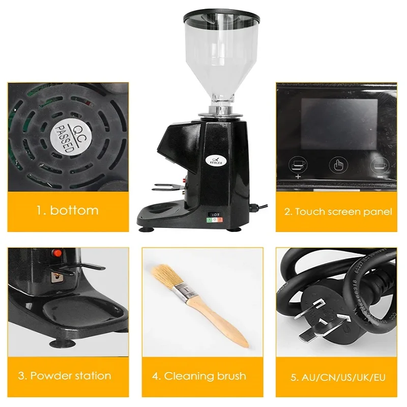 Molinillo de café comercial, molinillo de café eléctrico con pantalla táctil negra para Hotel, molinillo de café expreso