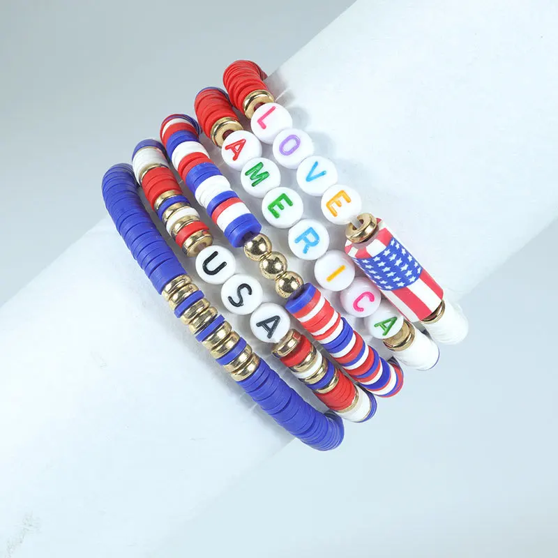 Hot American Independence Day polymer clay letter series bracelet red white blue American flag bracelet