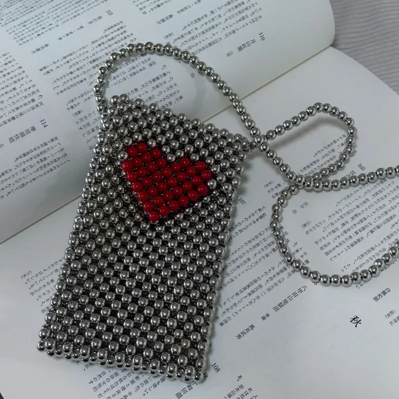 Women's Fashion Retro Simple Crossbody Bag Silver Love Crystal Bags Handwoven Beaded Mini Mobile Phone HandBag сумка из бусин