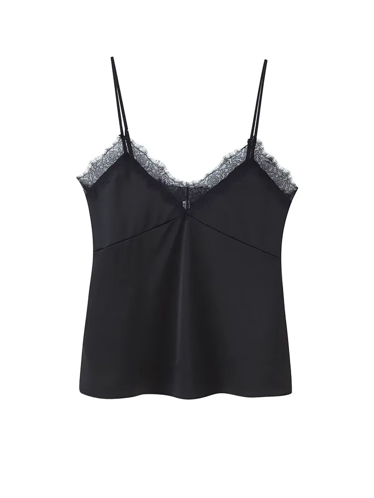 HH Vrouw 2025 Kerst Nieuwe Mode Kanten Rand Sling Mouwloze V-hals Mini Top Vrouwelijke Slanke Dunne Licht Sexy Backless Party top