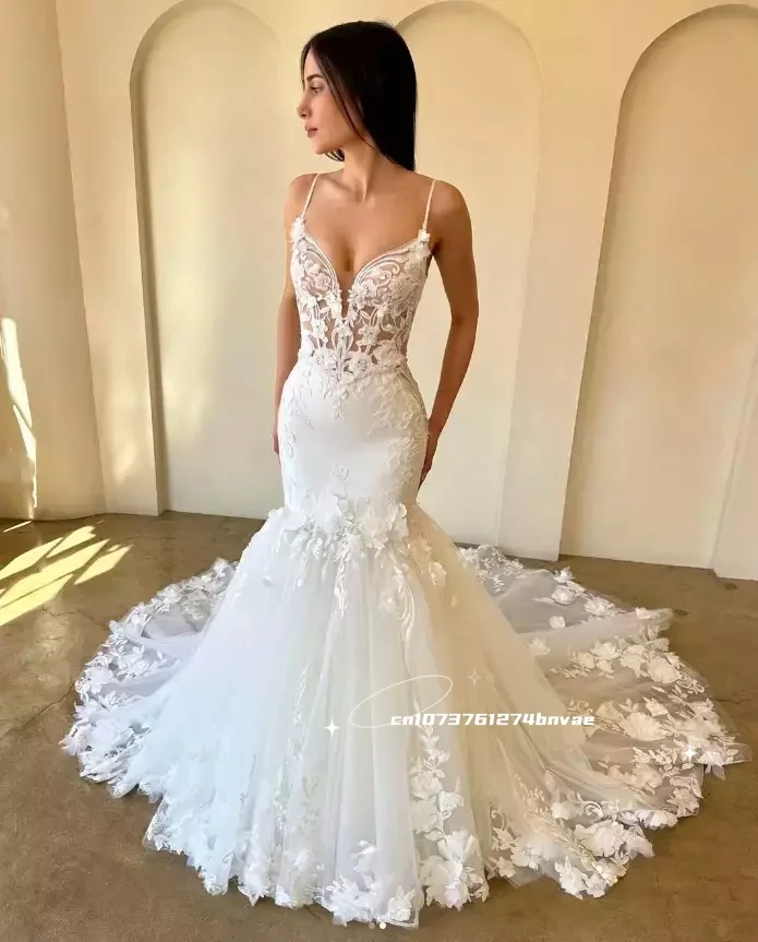 

2025 Spaghetti Backless Boho Wedding Dress 3D Floral Appliques Mermaid Bridal Gown Beach Vestido De Novia Customized
