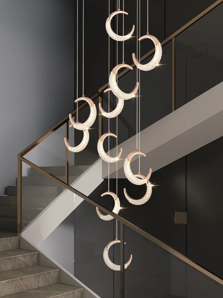 

Moon Staircase Chandelier Modern Simple and Light Luxury Rose Gold Duplex Villa Loft Apartment Restaurant Super Long Chandelier