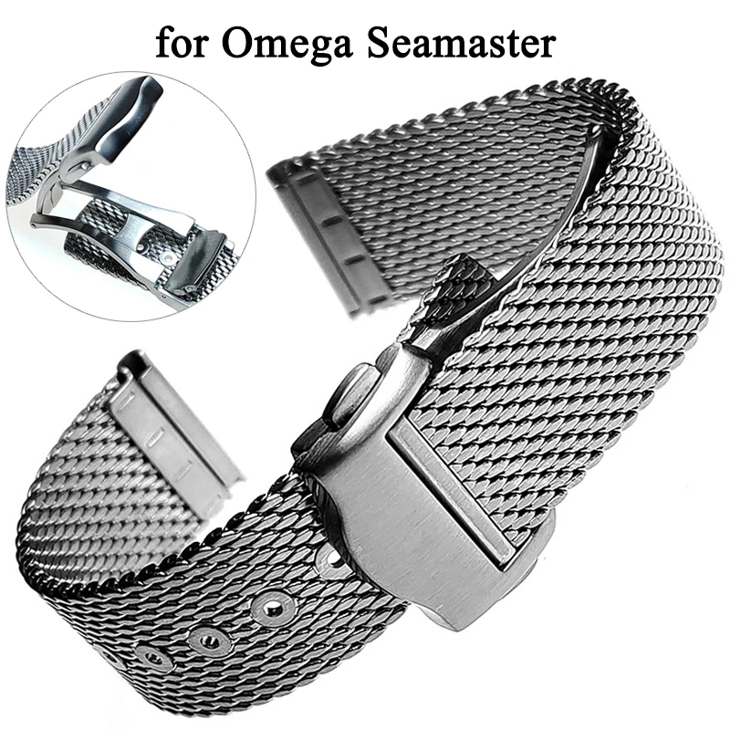 20mm Milanese Steel Strap for Omega Seamaster 007 Diver 300 Folding Buckle Bracelet Silver Stainless Mesh Watch Band Accessories