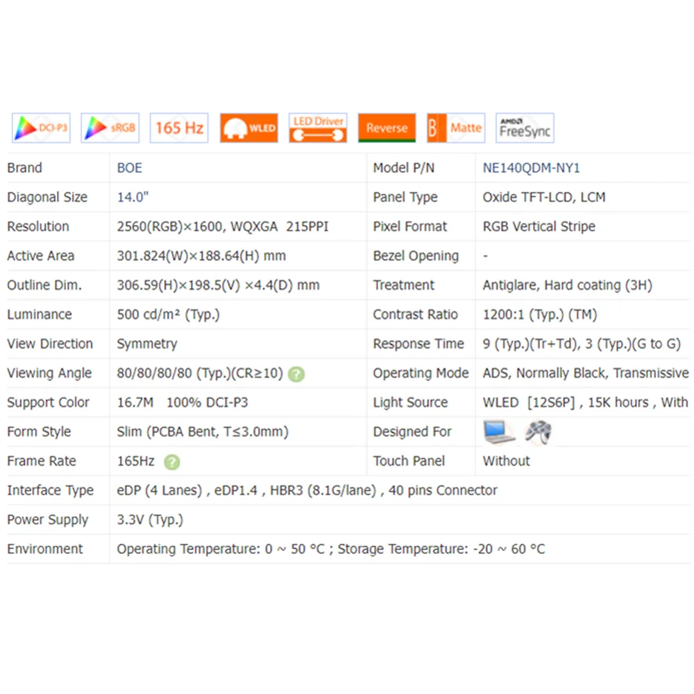 Imagem -05 - Matriz de Exibição de Tela Lcd para Laptop 14 Polegada Screen 2.5k 2560x1600 165hz Ne140qdm-ny1 Ne140qdm Ny1 V18.0 Novo