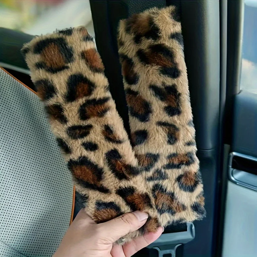 

2PCS Cozy Leopard Print Plush Car Seat Belt Shoulder Pads - Soft & Warm Autumn/Winter Accessories, Fits Most Vehicles