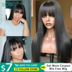 Sexay Scalp Bang Human Hair Wig Raw Indian Straight Human Hair Fringe Wigs Fake Scalp 8-24 Inch 200 Density Human Wigs For Women