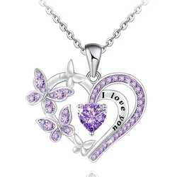 Huitan Purple/White Butterfly Love Pendant Necklace for Women Aesthetic Female Neck Accessories Wedding Party New Trendy Jewelry