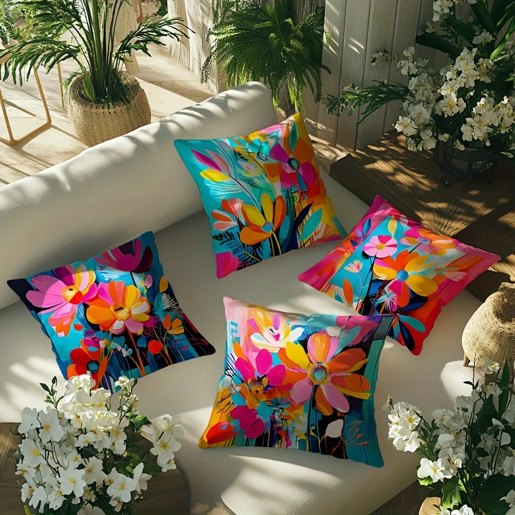 Set of 4 Printed Floral Cushion Pillow Covers Polyester Decorative Throw Pillows Modern Bohemian Style Bright Colorful Home Bedr