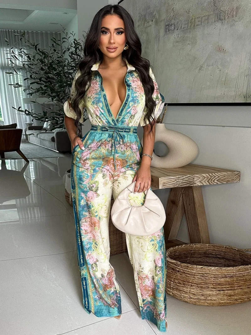 จั๊มพ์สูทสไตล์เสื้อผ้าสตรีทแวร์ลายดอกไม้พิมพ์ลาย ชุดฤดูร้อน เสื้อผ้าผู้หญิงแขนสั้น ชุดรอมเปอร์ ชุดเพลย์สูท ชุดจั๊มพ์สูทแบบชิ้นเดียว