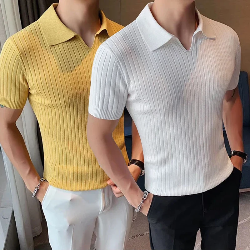 Elastic Slim Breathable Knit Solid Polo Men Short Sleeve T Shirt Summer Fashion Oversized Clothes Black White Yellow Plain Cool